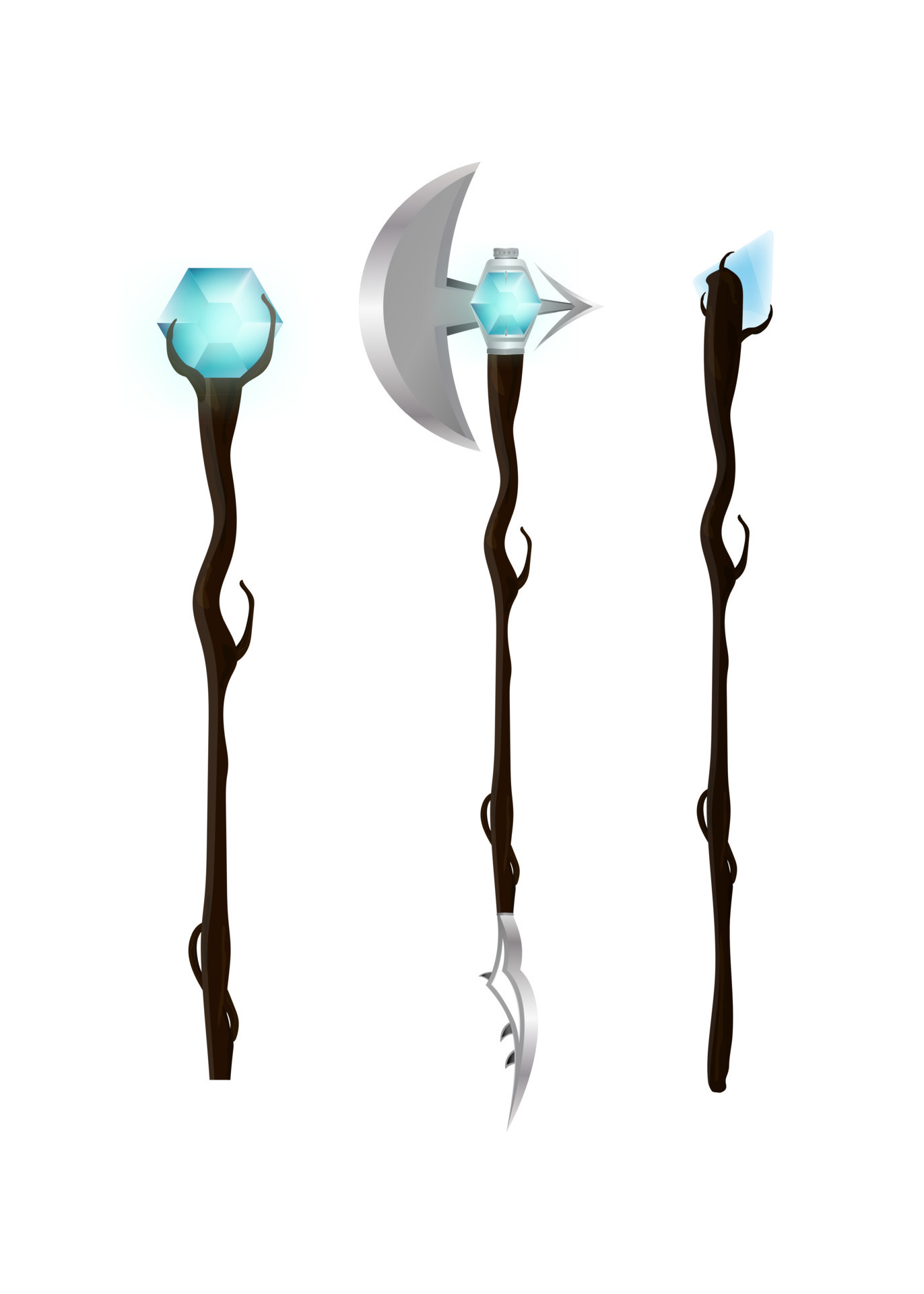 Magic staff or walking stick with crystal in cartoon style. Vector