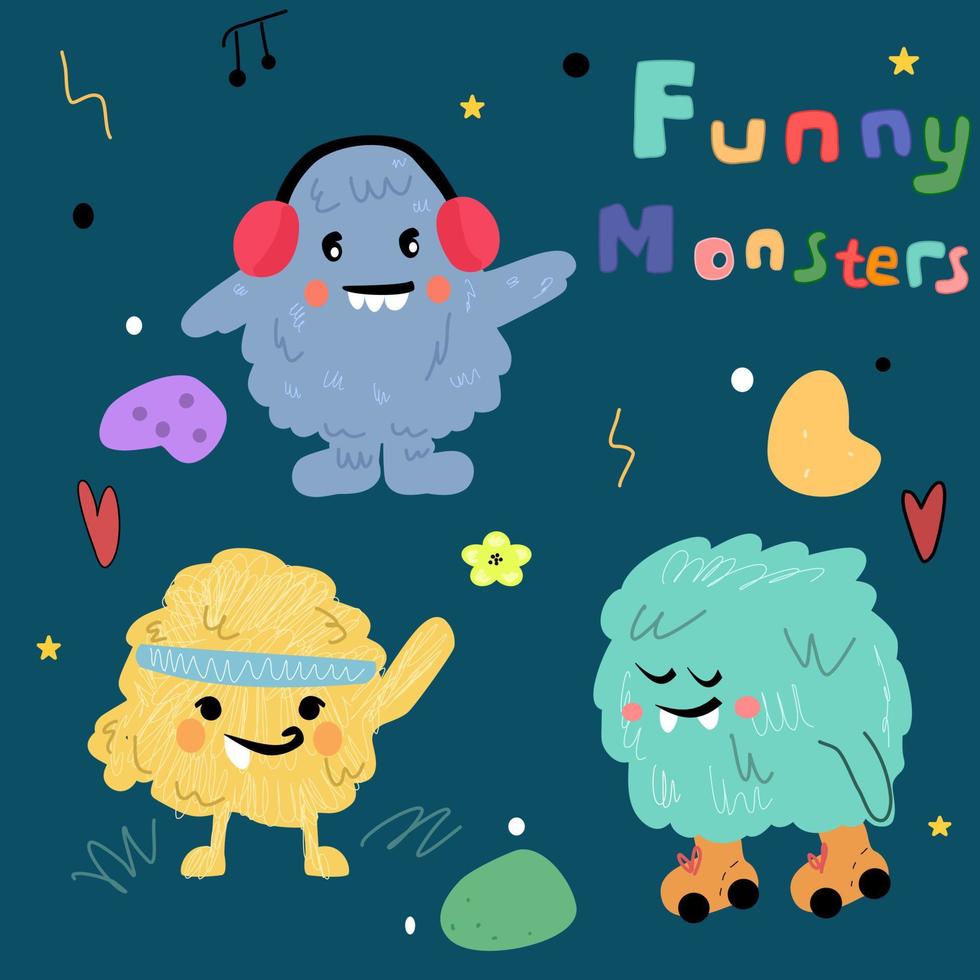 set of cute little monsters, furry and funny yeti in flat cartoon style vector