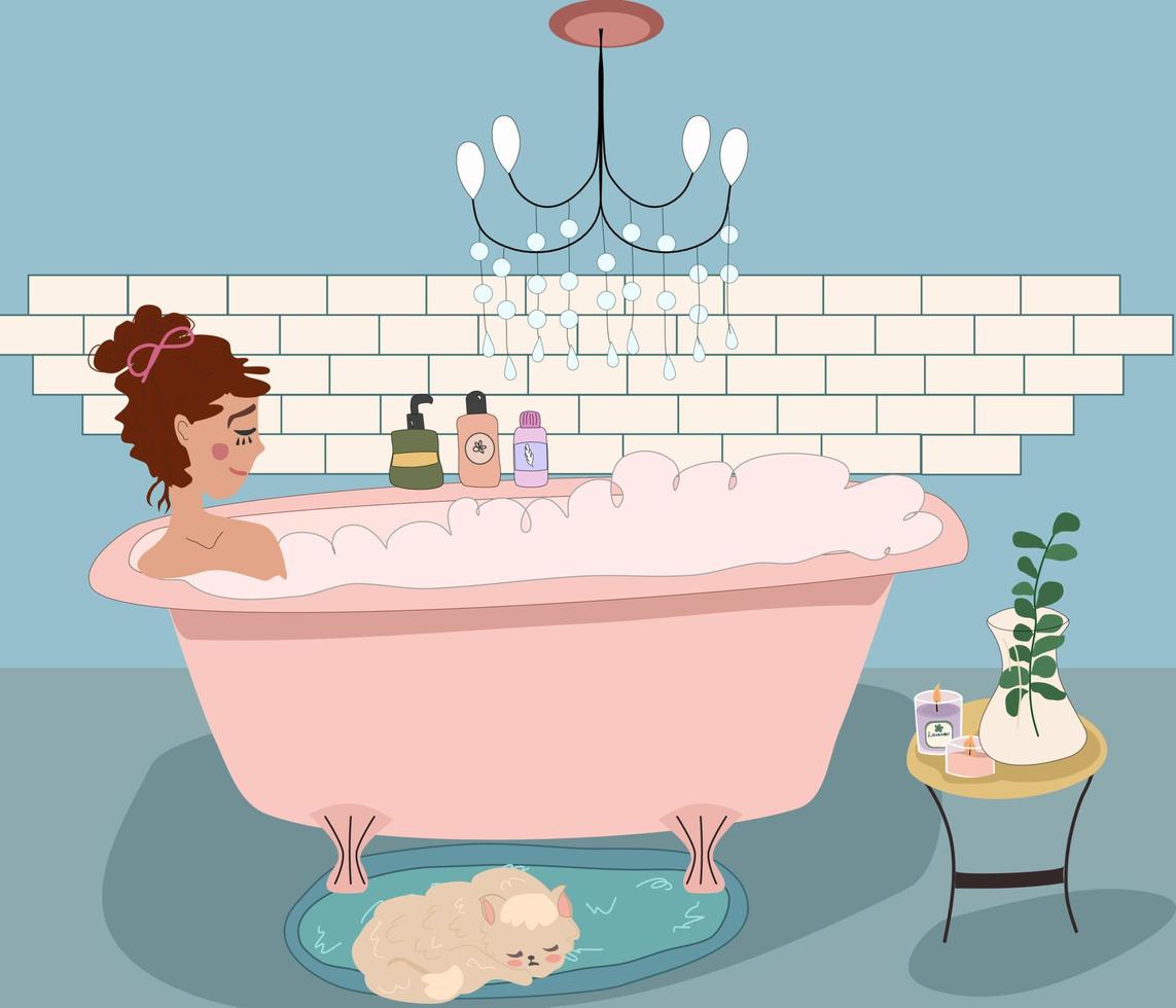 la chica se acuesta en el baño y se relaja. spa casero, champús, eucalipto, estilo boho vector