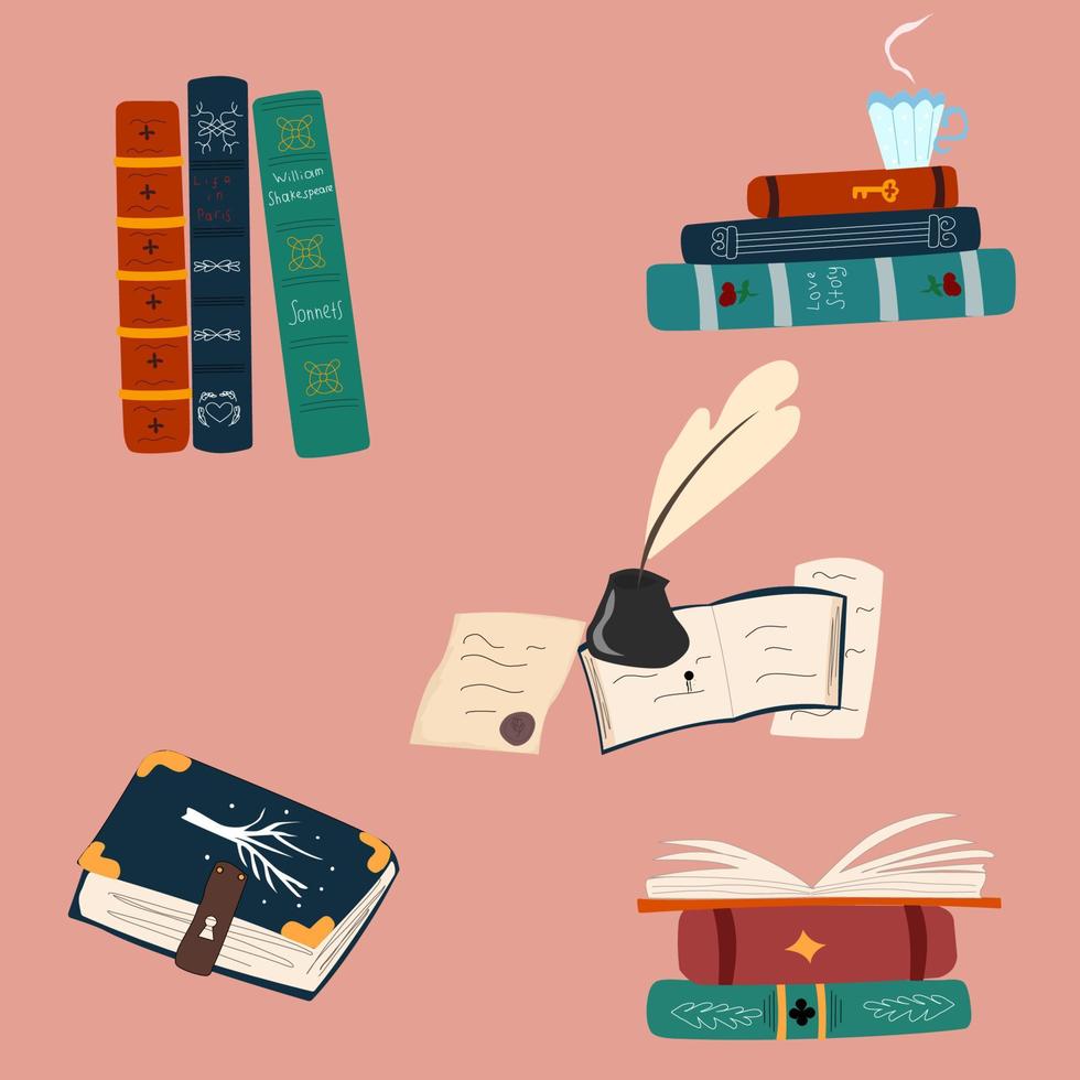 un conjunto de libros antiguos en tapas duras coloridas dibujadas a mano. pilas de hermosos libros antiguos, libros abiertos, cartas y tinteros. montones de libros de texto y libros de la biblioteca vector