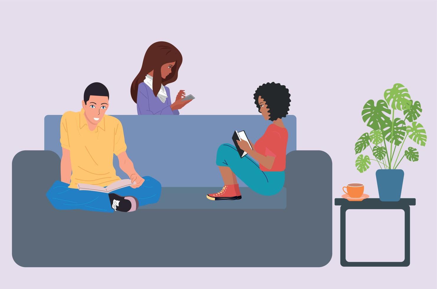 Family on the sofa. People use laptops and smartphones for work and entertainment at home .Vector. vector