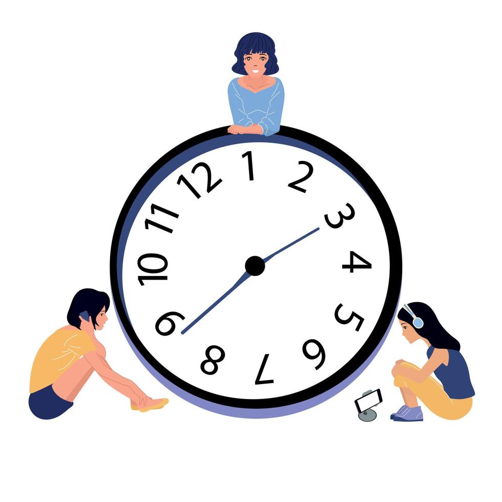 People spend their time doing business. Large mechanical clock. Hurry, run or relax. vector