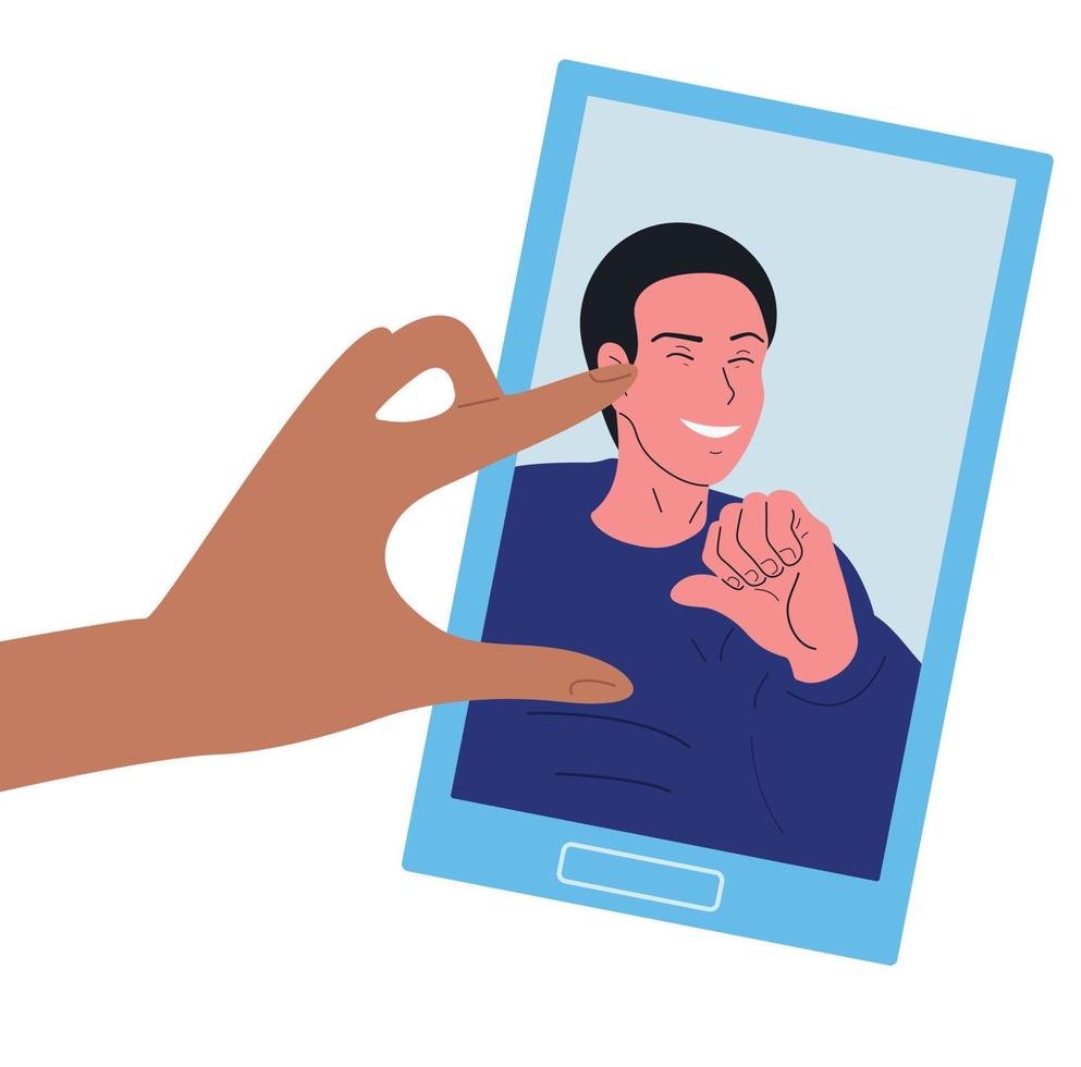 Hand with phone. Talk to a person via video call. Vector. vector