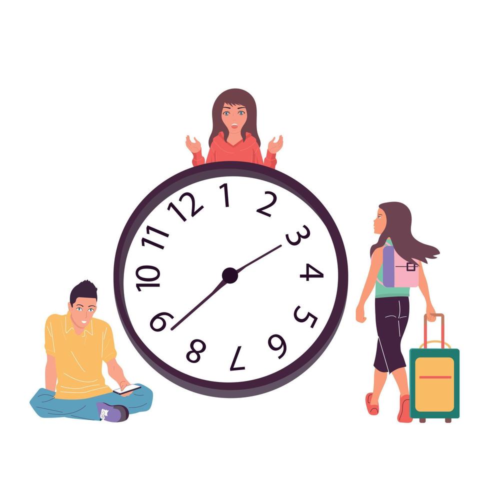 People spend their time doing business. Large mechanical clock. Hurry, run or relax. vector