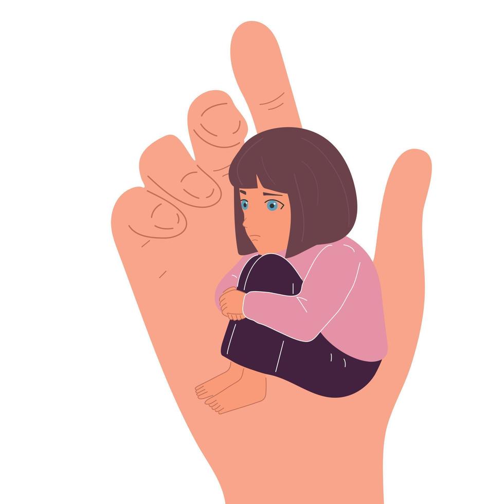 A small child in the hand of a big man. Childhood protection, the concept of the influence of people on children. vector