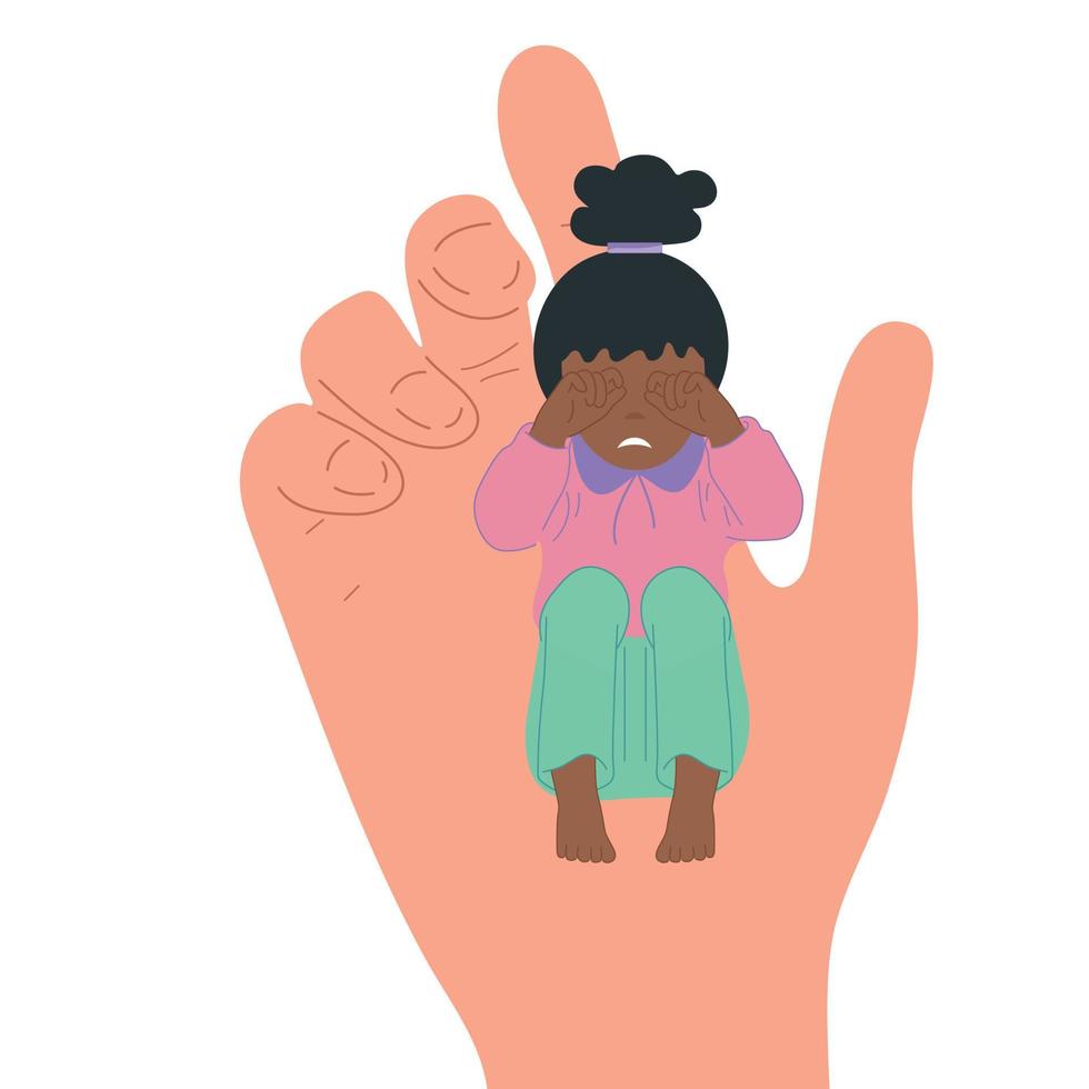 A small child in the hand of a big man. Childhood protection, the concept of the influence of people on children. vector