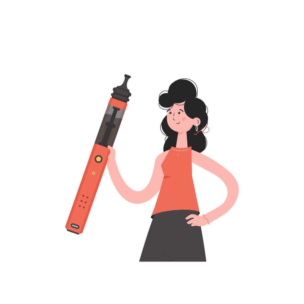 The girl is holding an electronic cigarette in her hands. Trendy style with soft neutral colors. Isolated. Vector illustration.