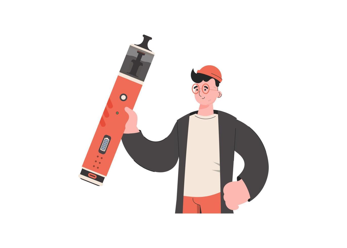 The guy holds in his hands a system for vaping. Flat style. Isolated. Vector illustration.