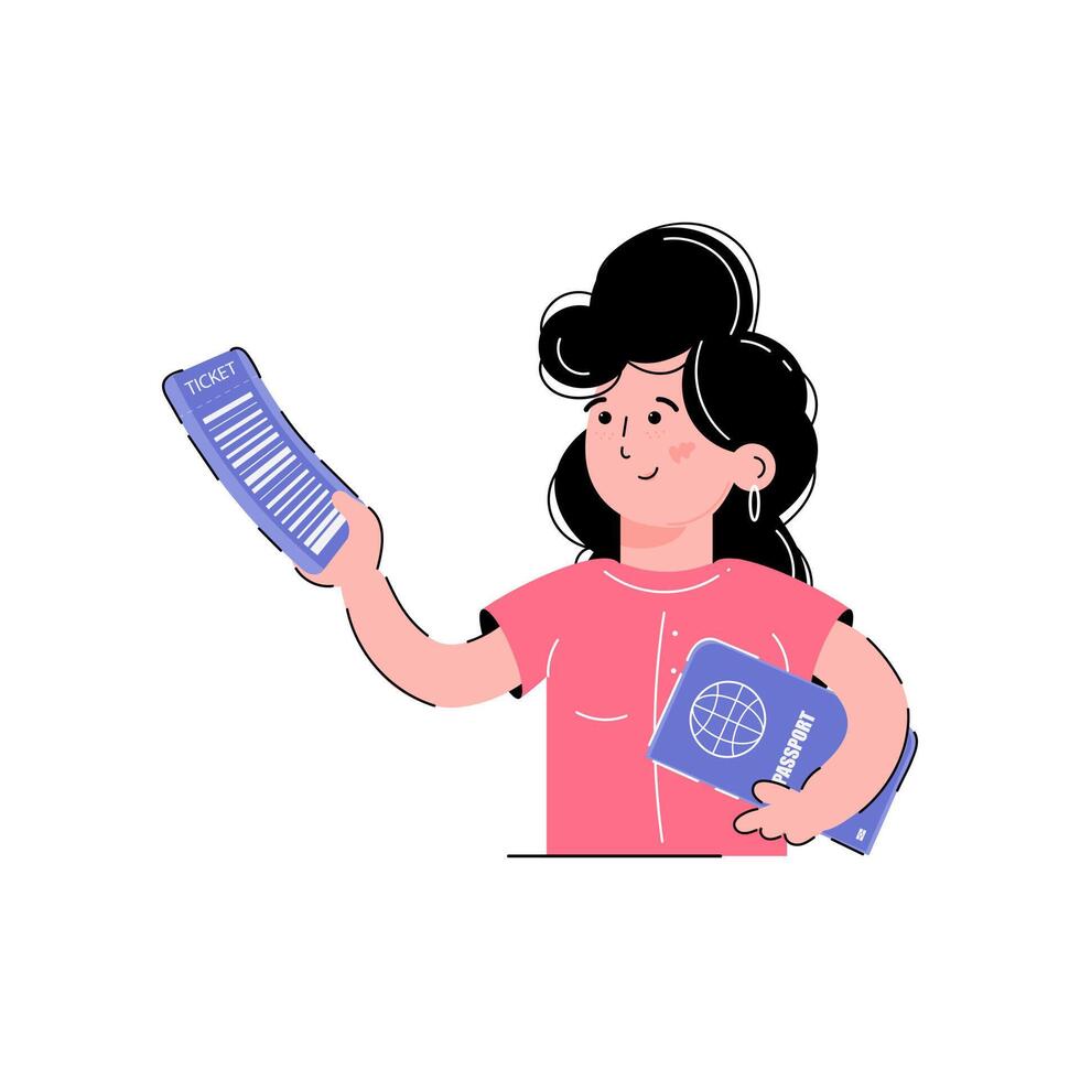 Girl holds a ticket and a passport in her hands. Travel concept. Isolated on white background. Trendy flat style. vector