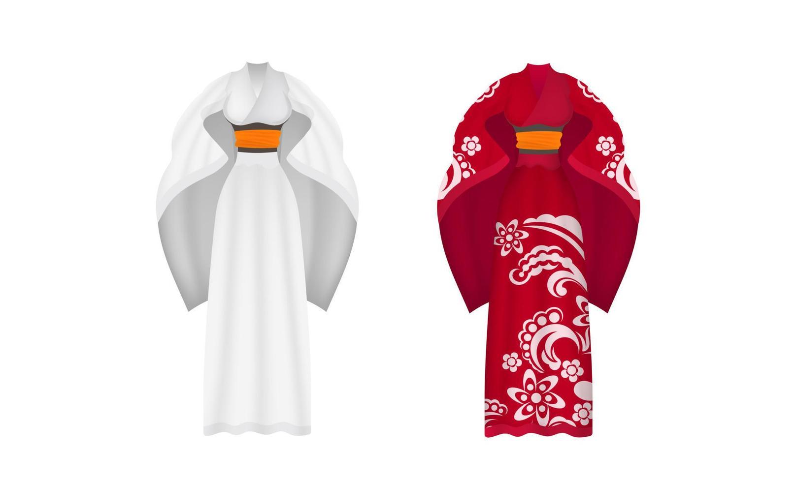 kimono largo de seda rojo y blanco, kimono de verano, ropa de casa de seda, batas de boda de dama de honor, bata natural. aislado. vector. vector