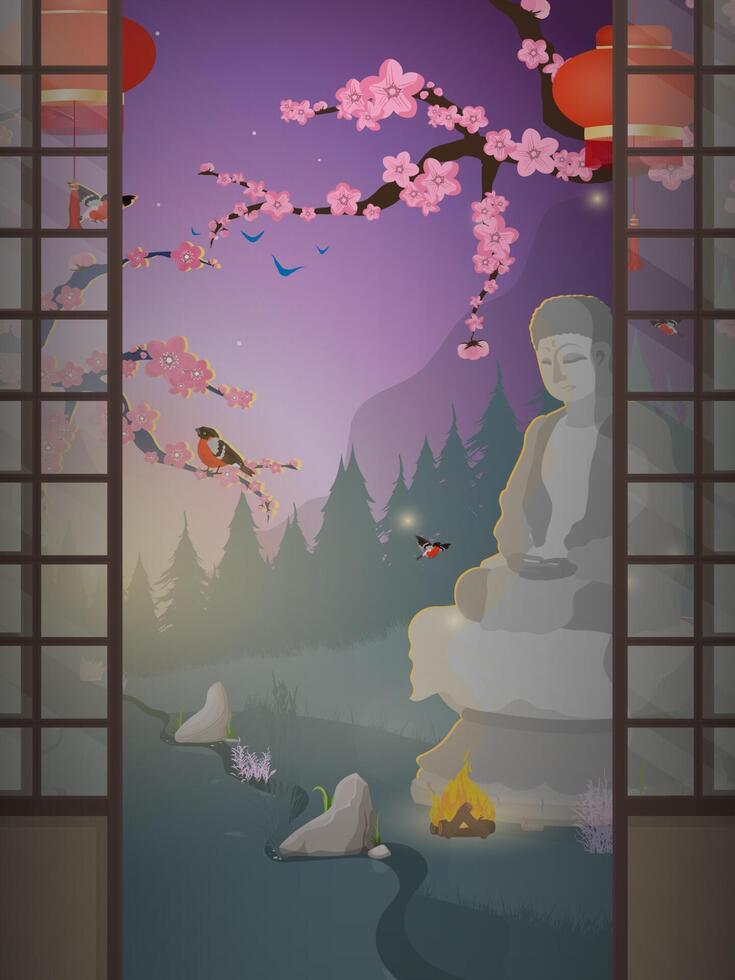 A room with a traditional Japanese sliding door. Horizontal banner. Vector illustration