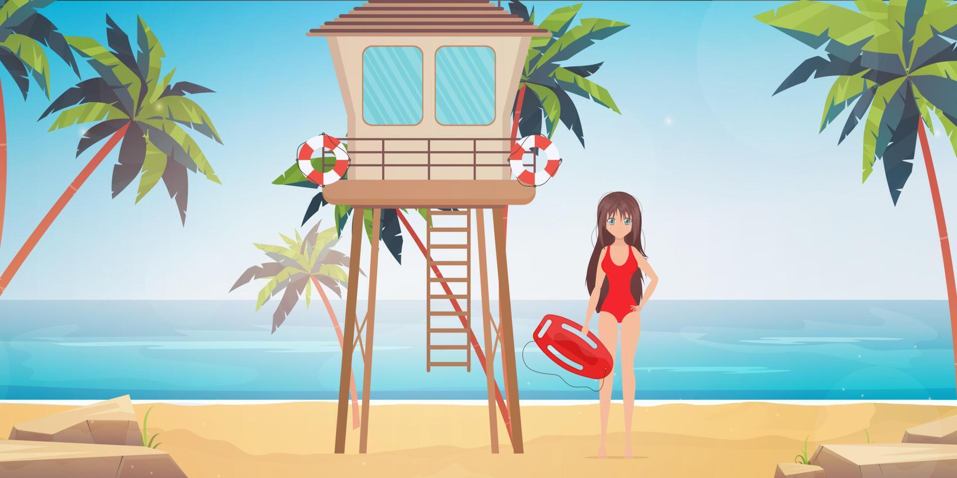 puesto de salvamento en la playa. una salvavidas con traje de baño rojo sostiene una tabla en sus manos. estilo de dibujos animados, ilustración vectorial. vector