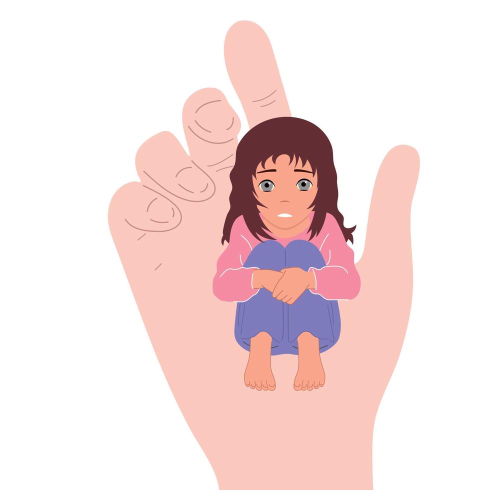 A small child in the hand of a big man. Childhood protection, the concept of the influence of people on children. vector