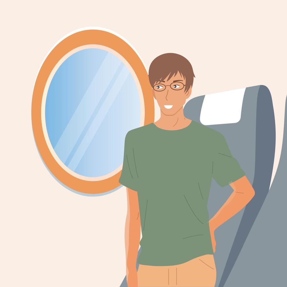 A young man with glasses is flying in an airplane. Traveling around the world. Vector illustration.