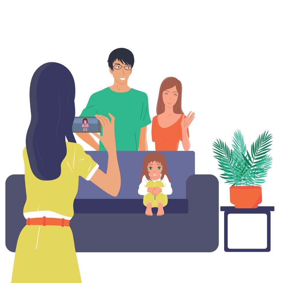 Family in an apartment. Mom, dad, daughter take a photo on the phone. Vector illustration.