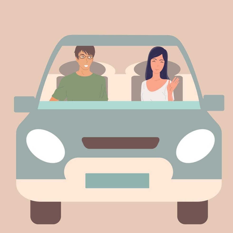 A guy and a girl in love are driving a car. Vector flat.