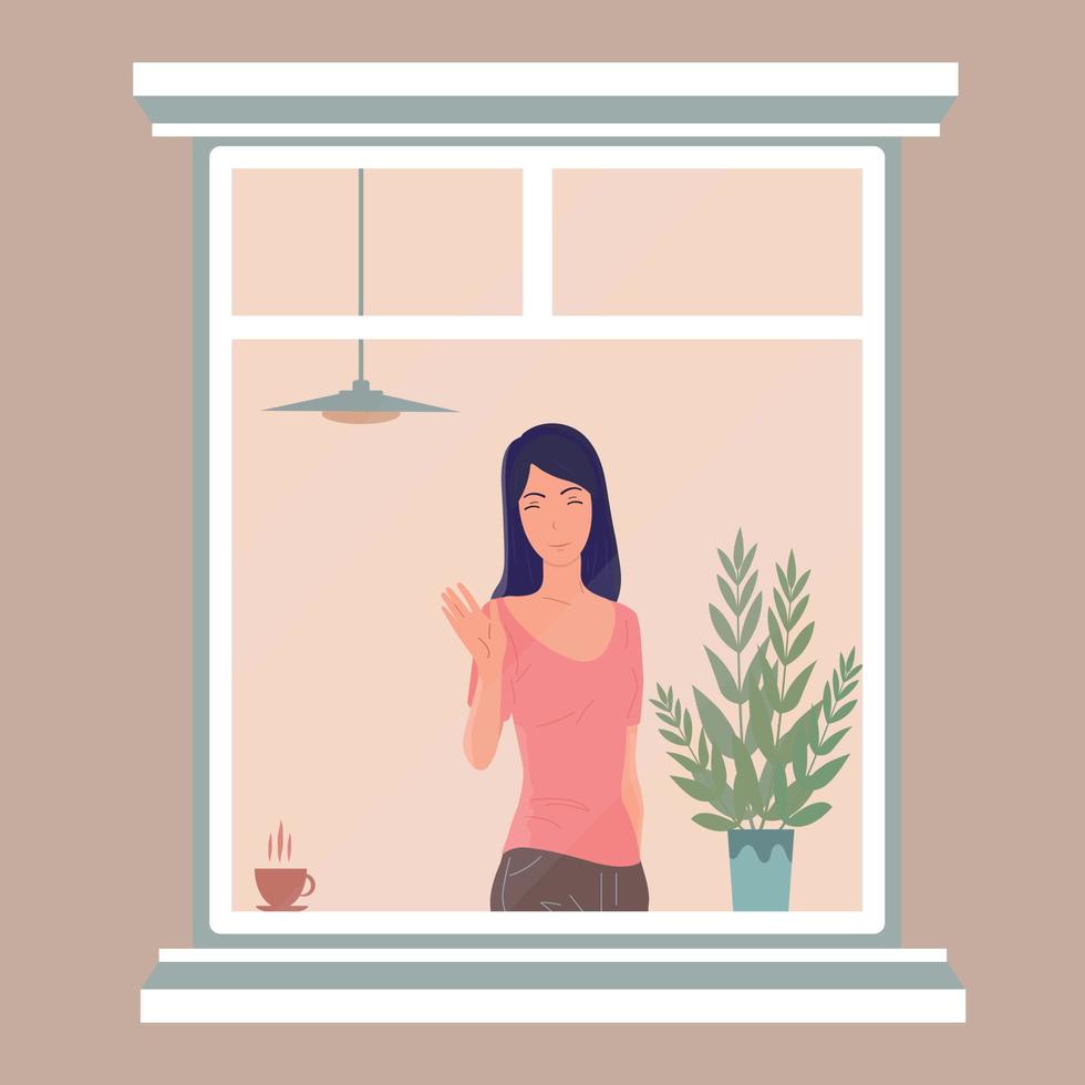 The girl is standing near the window. Smile and good mood. Vector, flat. vector