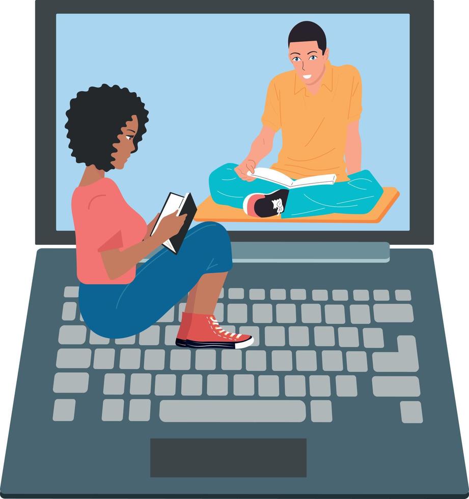 The concept of using a laptop. People communicate via video link or watch movies. vector