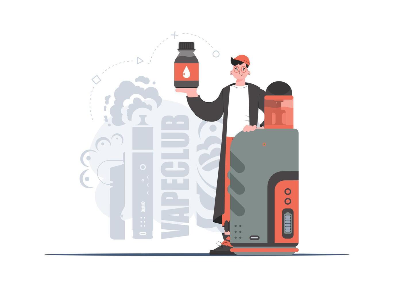 The guy holds an electronic cigarette in his hands. Trendy style with soft neutral colors. The concept of replacing cigarettes. Vector illustration.