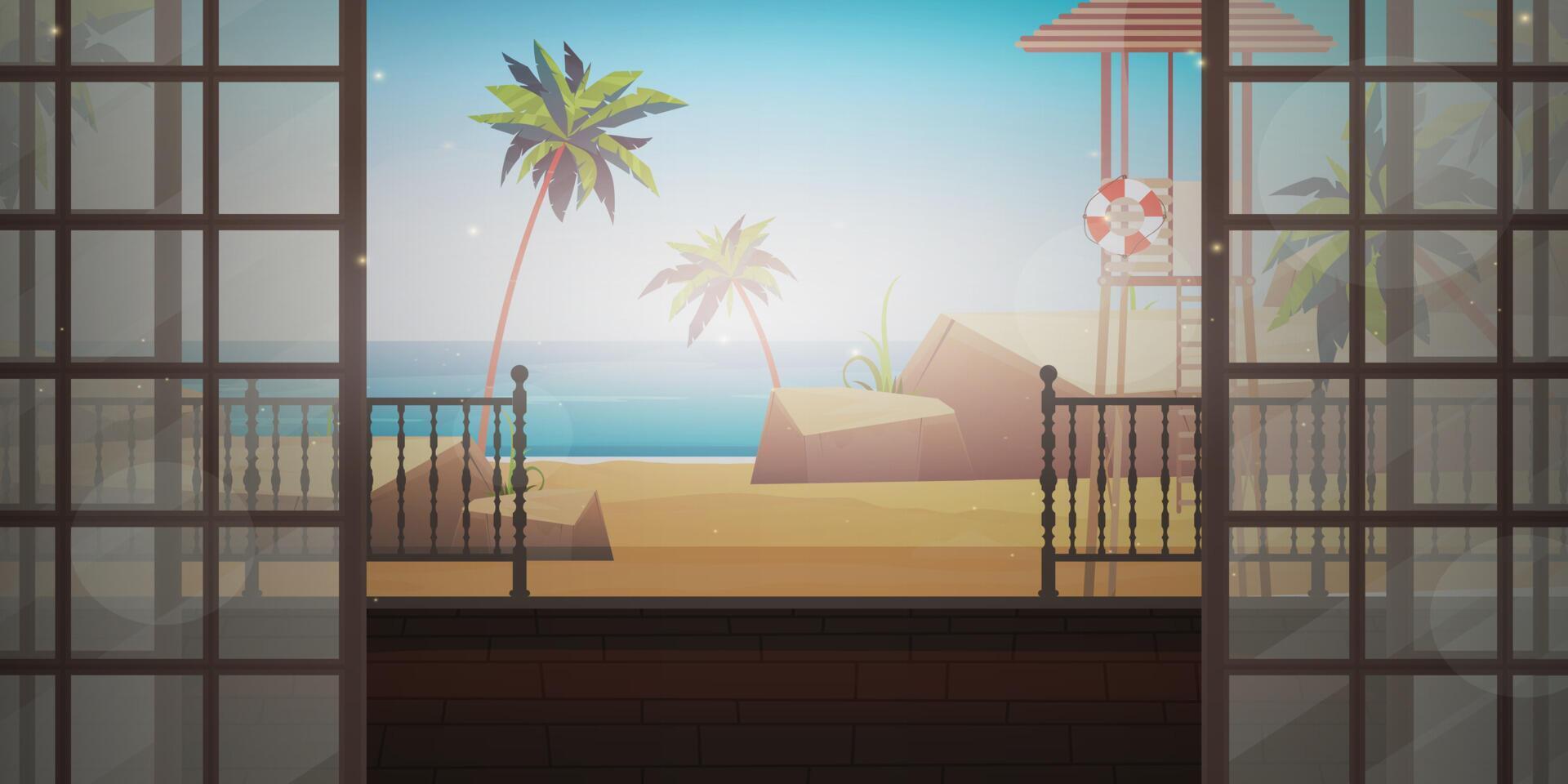 Morning beach landscape near the house. Ocean view from the villa's veranda. Cartoon style. Vector