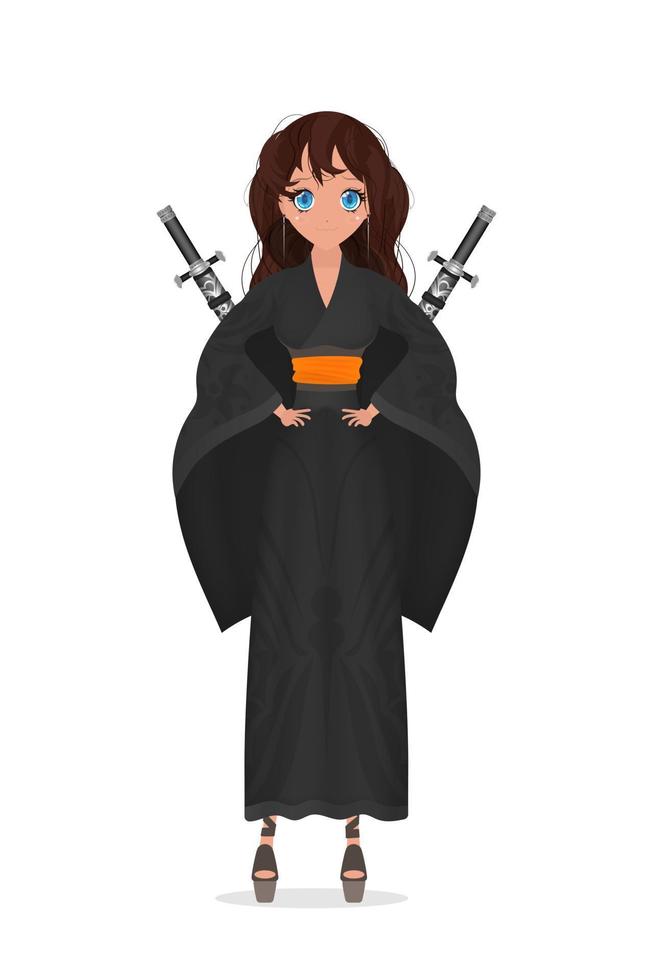 Women in a long black silk kimono and a katana on their backs. Cartoon style. Isolated. Vector illustration.
