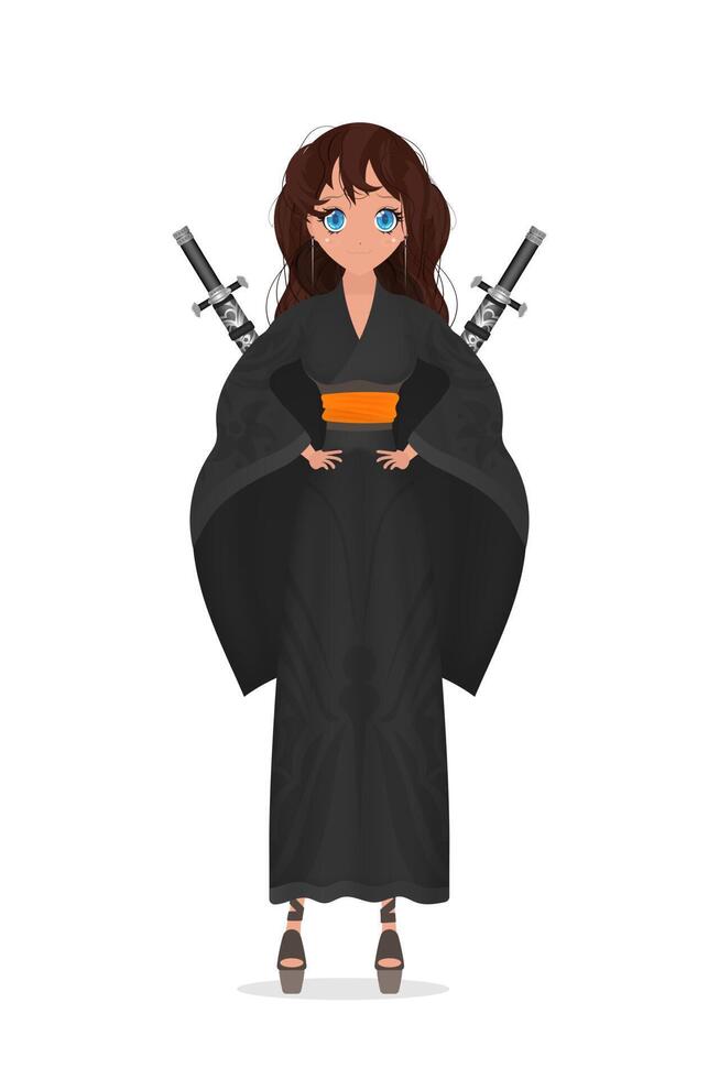 Women in a long black silk kimono and a katana on their backs. Cartoon style. Isolated. Vector illustration.