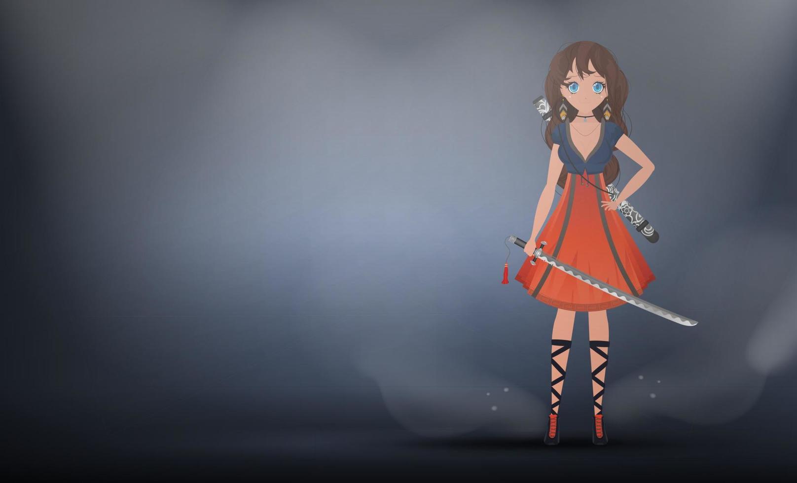 Girl with a katana in a blue and red dress. Anime samurai woman on studio gray background. Cartoon style, vector illustration.