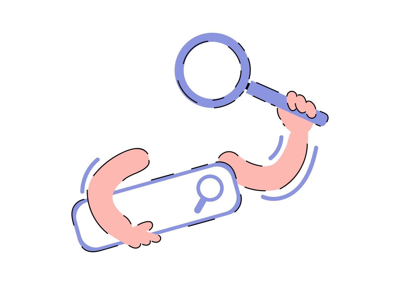 The hand is holding a magnifying glass. Search concept concept. Element for presentations, applications and sites. Trendy flat vector