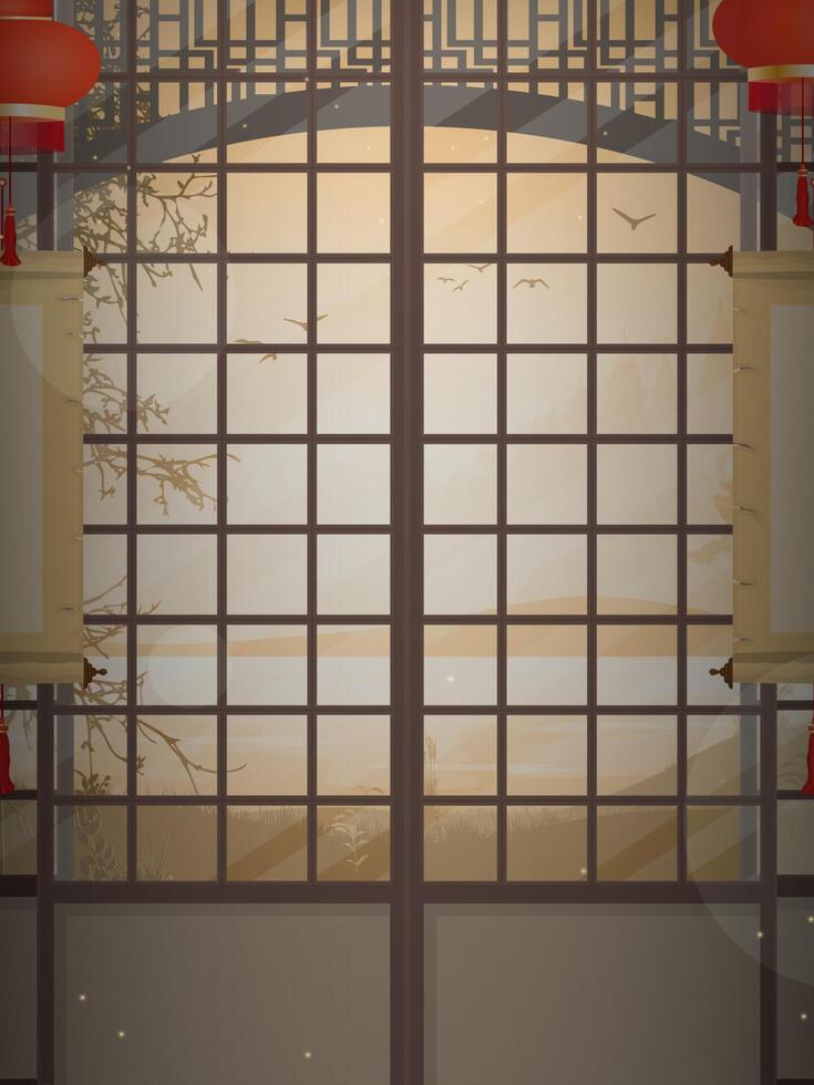 Ryokan An empty Zen room in a very Japanese style. Cartoon style. Horizontal banner. illustration vector