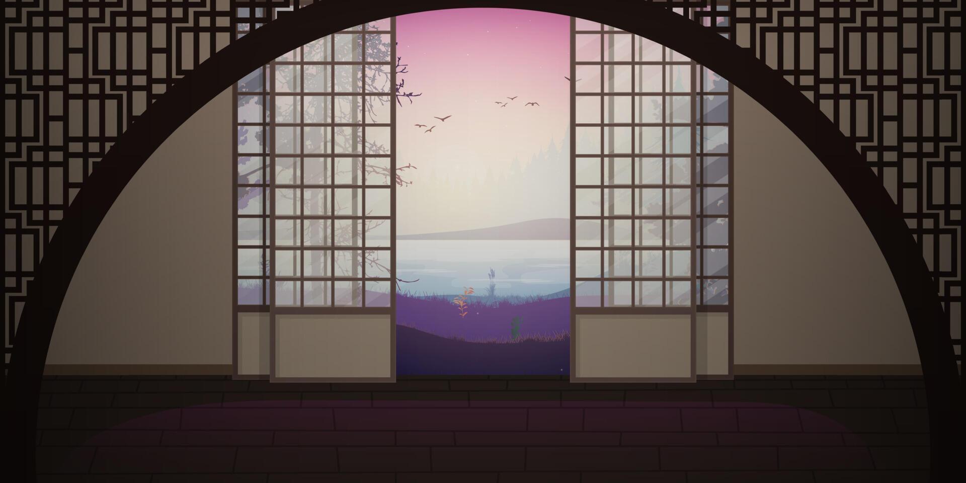 A room with a traditional Japanese sliding door. Vector