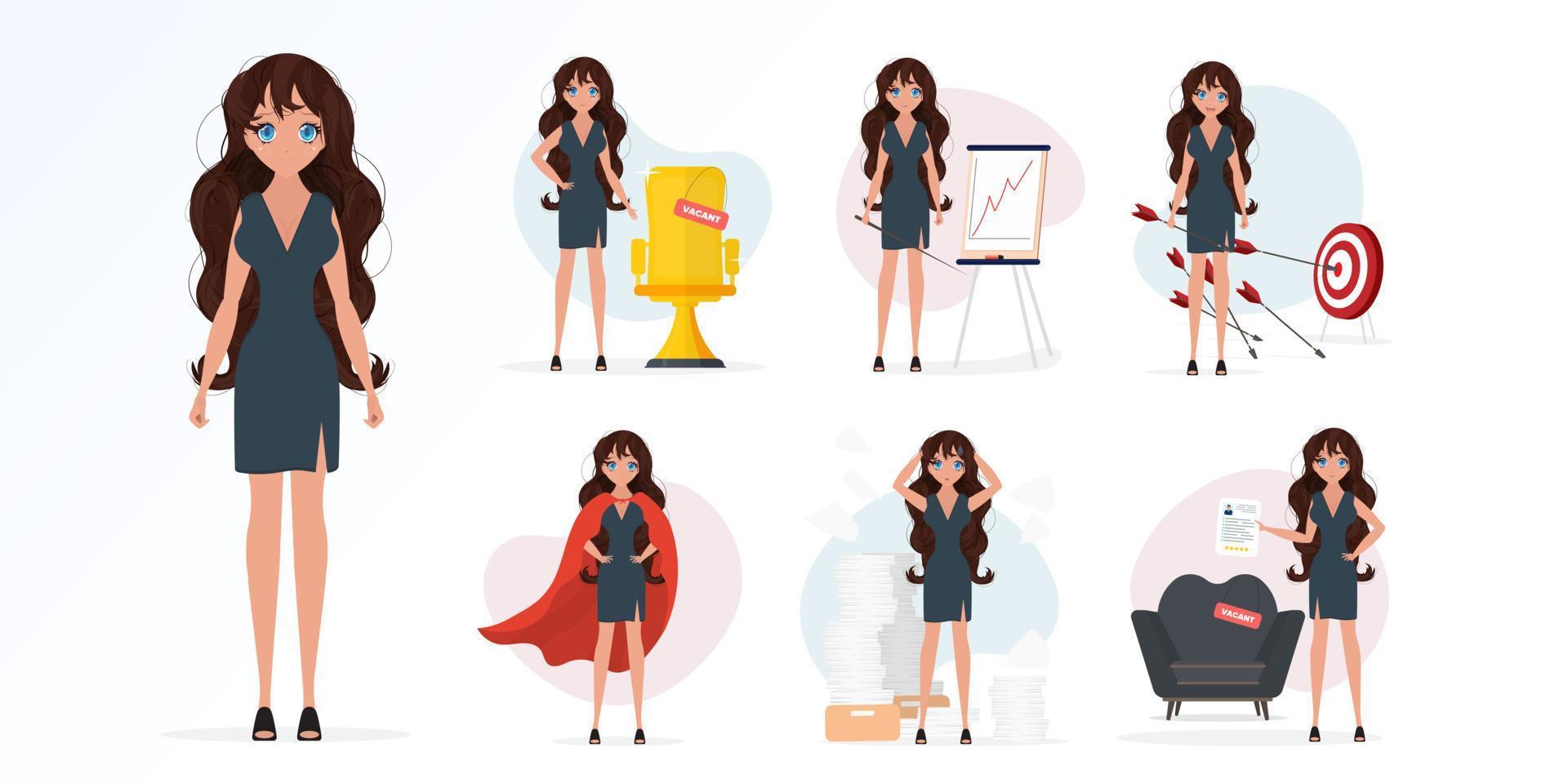 un conjunto de conceptos con una chica sobre el tema de los negocios y los recursos humanos. estilo de dibujos animados para banners, sitios web, aplicaciones y presentaciones. vector. vector