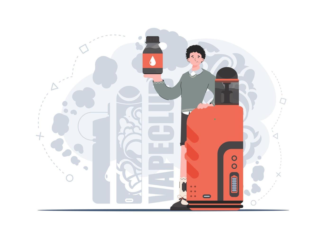 The guy holds an electronic cigarette in his hands. Trendy style with soft neutral colors. The concept of vapor and vape. Vector illustration.