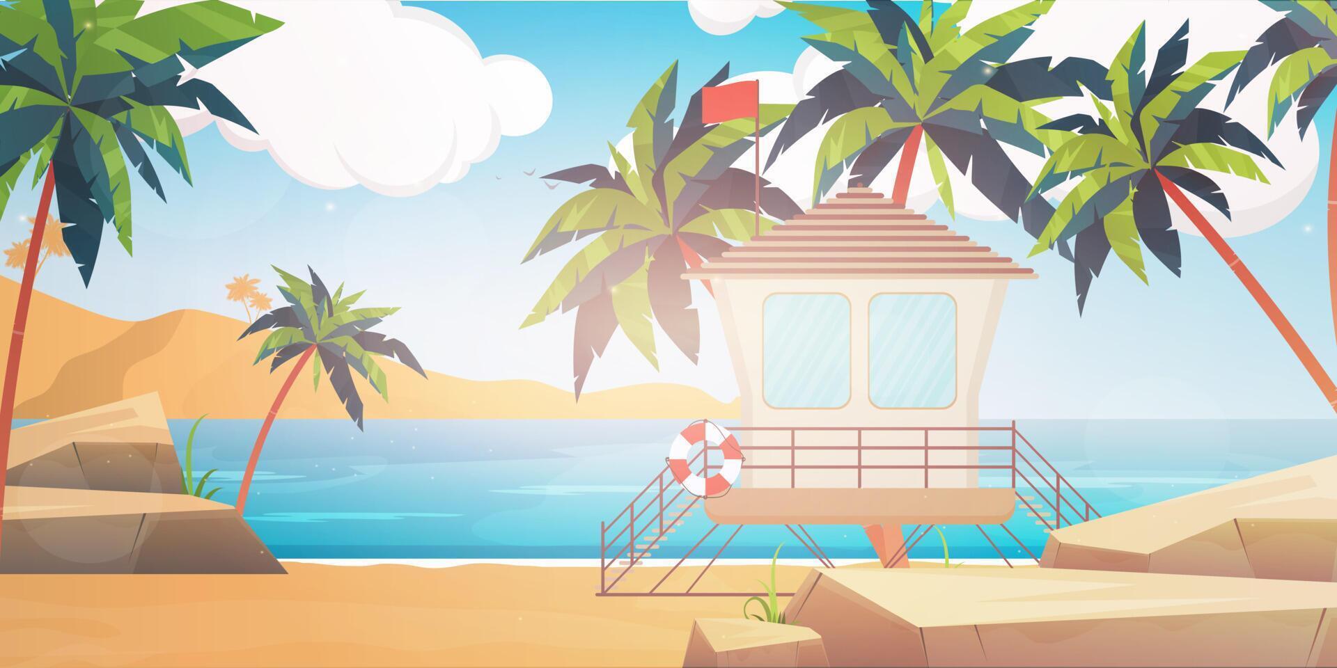 Beach rescue post. Beach, palm trees, lifebuoy. Cartoon style, vector illustration.