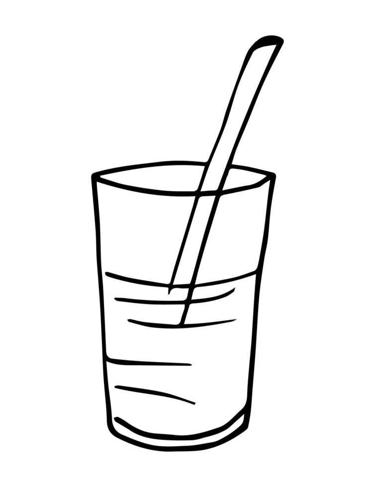 Simple vector doodle drawing in black outline. Tall glass with a straw. Drink, water, cocktail.