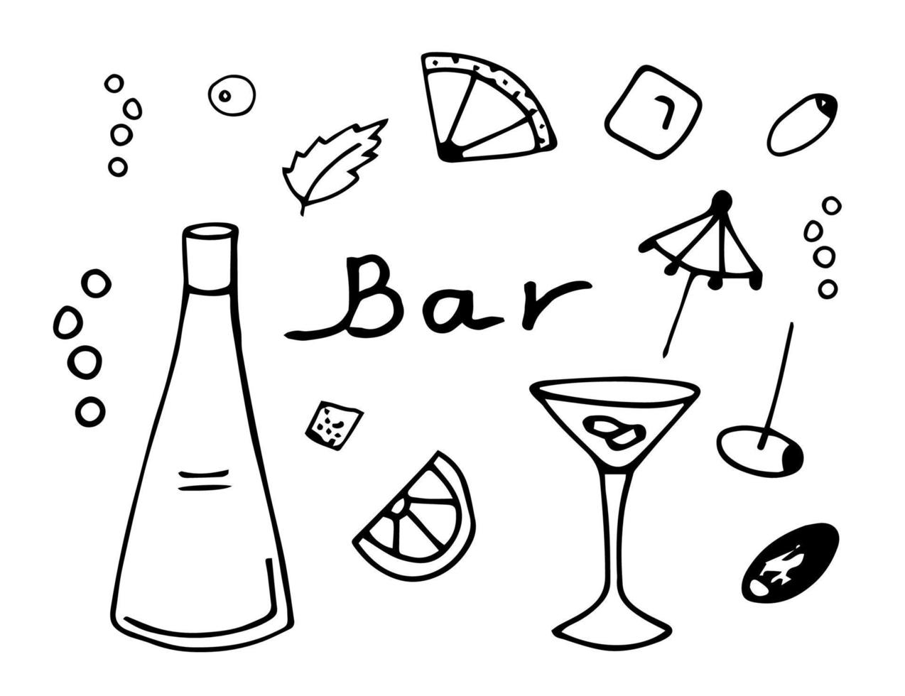 boceto vectorial simple dibujado a mano. conjunto de elementos para el diseño de bares, botellas, vasos, bebidas, cócteles, hielo con un contorno negro sobre un fondo blanco. vector