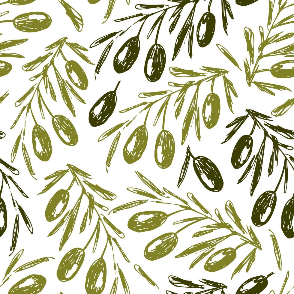 Hand-drawn vector seamless pattern. Green, dark olive branches on a white background. For prints of fabric, textile products, packaging, labels. Olive oil production. Seasonal harvest.