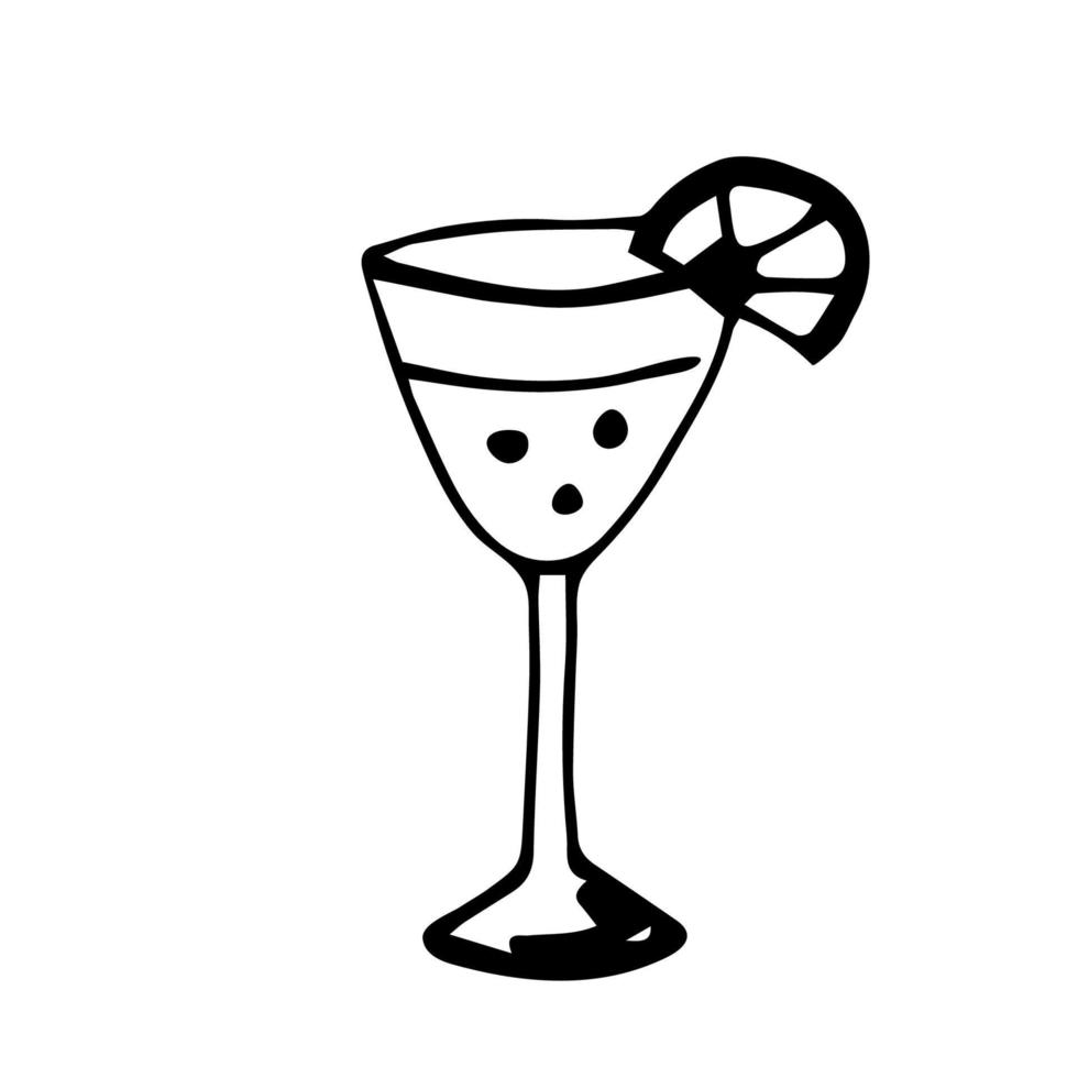 Hand-drawn simple vector drawing in black outline. A glass of drink with a slice of lemon and bubbles, cocktail, martini, alcohol. Bar concept, booze. For prints of labels, stickers, menu.