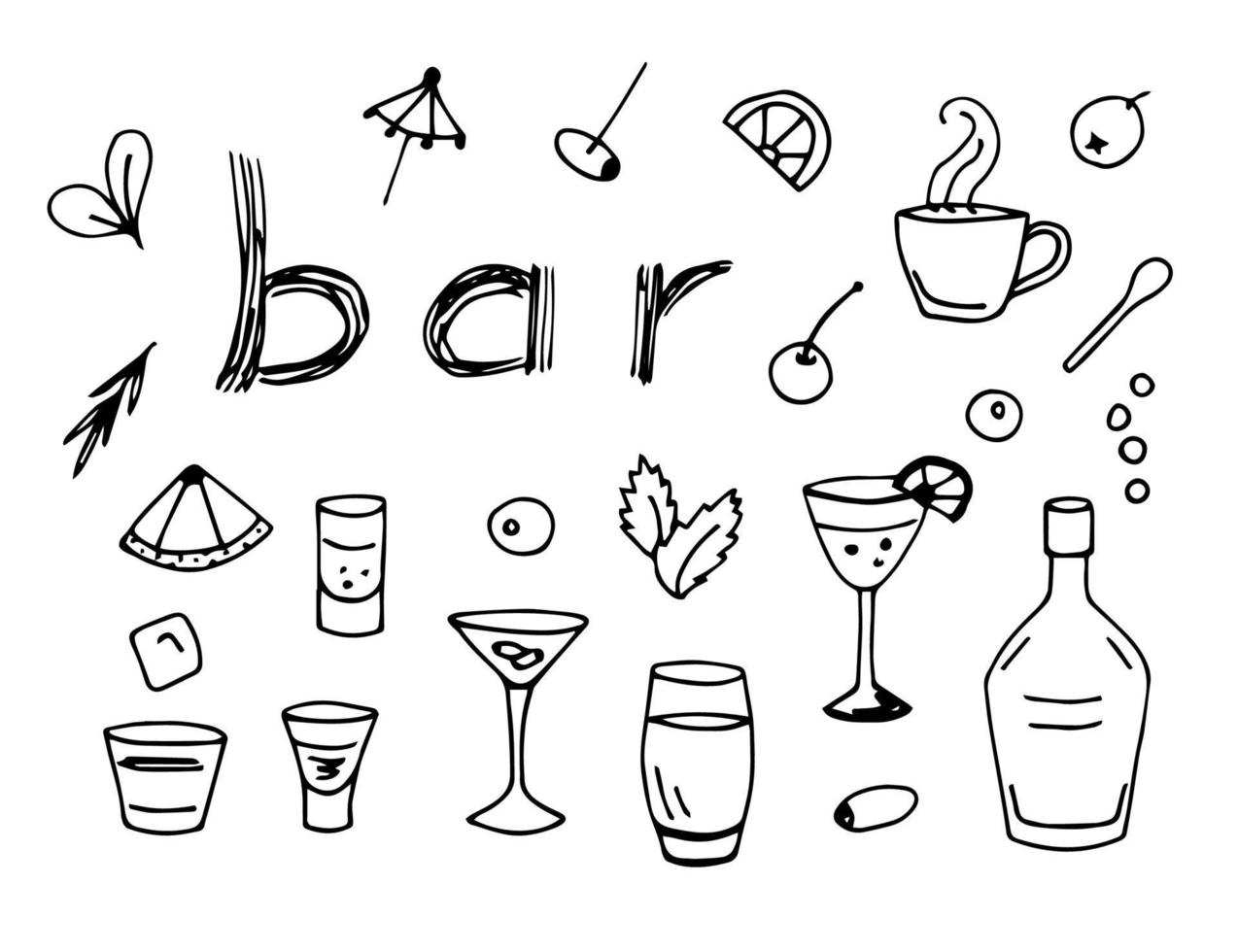Hand-drawn simple vector doodle sketch. Set of design elements for bar, bottle, glass, drink, cocktail, ice with a black outline on a white background. Summer cafe, drinks.