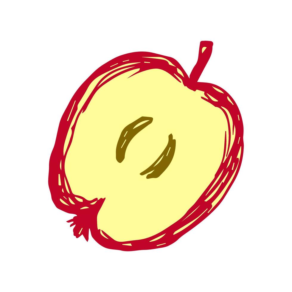 dibujo vectorial simple dibujado a mano. manzana roja-amarilla a la mitad aislada en un fondo blanco. fruta, horticultura, producto orgánico, etiqueta de jugo. vector