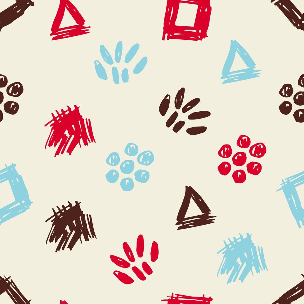 patrón sin costuras de vector geométrico abstracto simple dibujado a mano. triángulo de garabato azul, rojo, marrón oscuro, cuadrado, puntos, elementos sobre un fondo gris claro. para tela, textil, decoración de dibujos animados para niños.