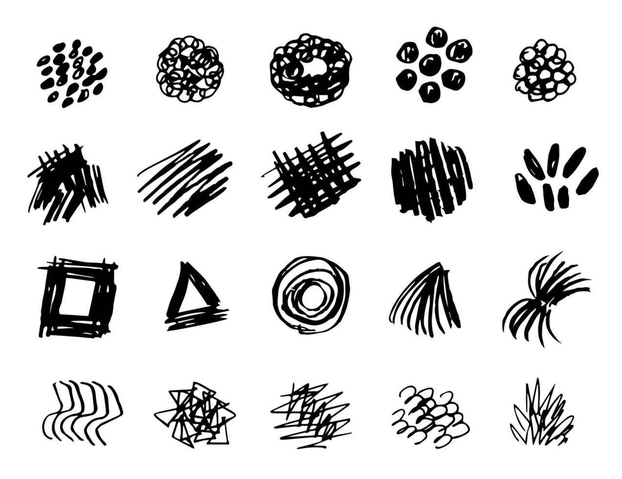 conjunto de garabatos vectoriales dibujados a mano en blanco y negro. manchas, puntos, trazos, líneas, garabatos. para estampados, pinceles, creación de patrones, decoración, decoración. vector