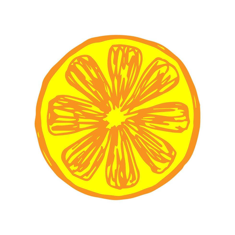 Hand-drawn vector drawing. Bright yellow-orange slice of citrus, lobule. Label, product, vitamin, juice.