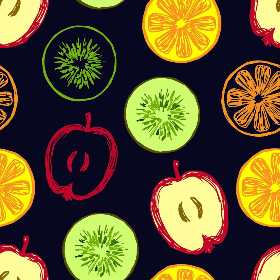 Hand drawn bright vector seamless pattern. Yellow, green fruits, kiwi, apple, orange on a black background. For printing on packaging, fabric, summer beachwear, textile.