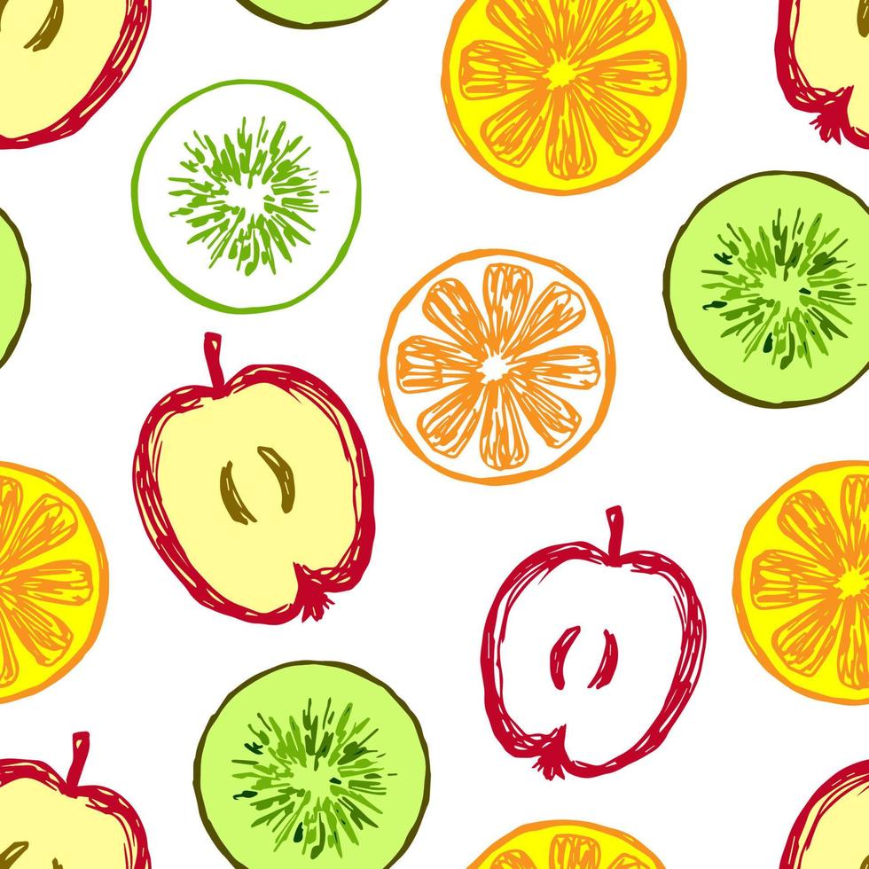 patrón transparente de vector brillante de verano dibujado a mano. kiwi amarillo, verde, manzana, naranja, frutas sobre un fondo blanco. para impresiones de embalaje, tela, ropa de playa.