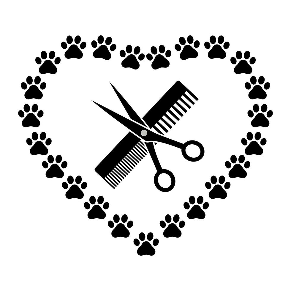 emblema de aseo animal con peine y tijeras en forma de corazón vector