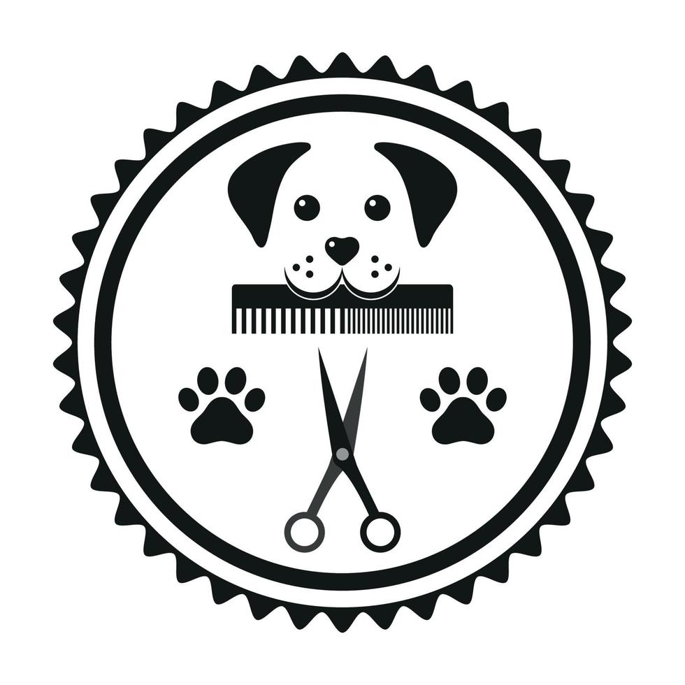 emblem animal grooming dog head with comb and scissors in a circle vector
