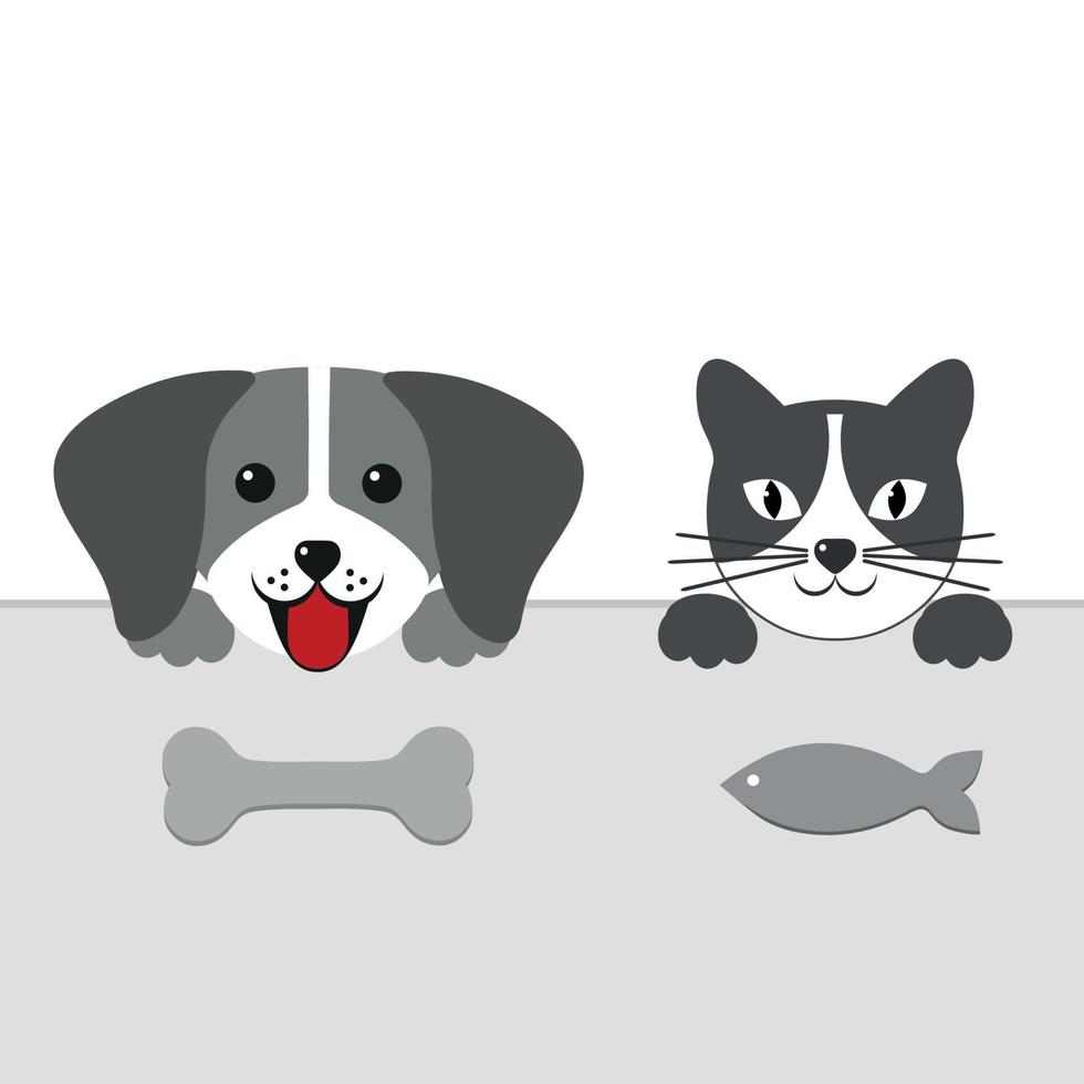 silueta de un perro y un gato cerca de la mesa mira el hueso y el pescado vector