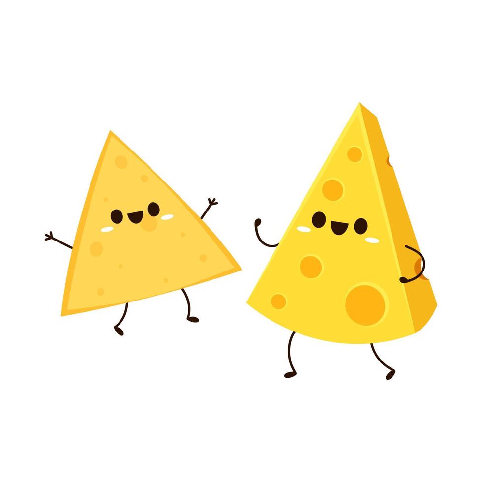 Diseño de personajes nacho. vector de nacho y queso. Fondo blanco. tramo de queso. linda caricatura de nacho y queso