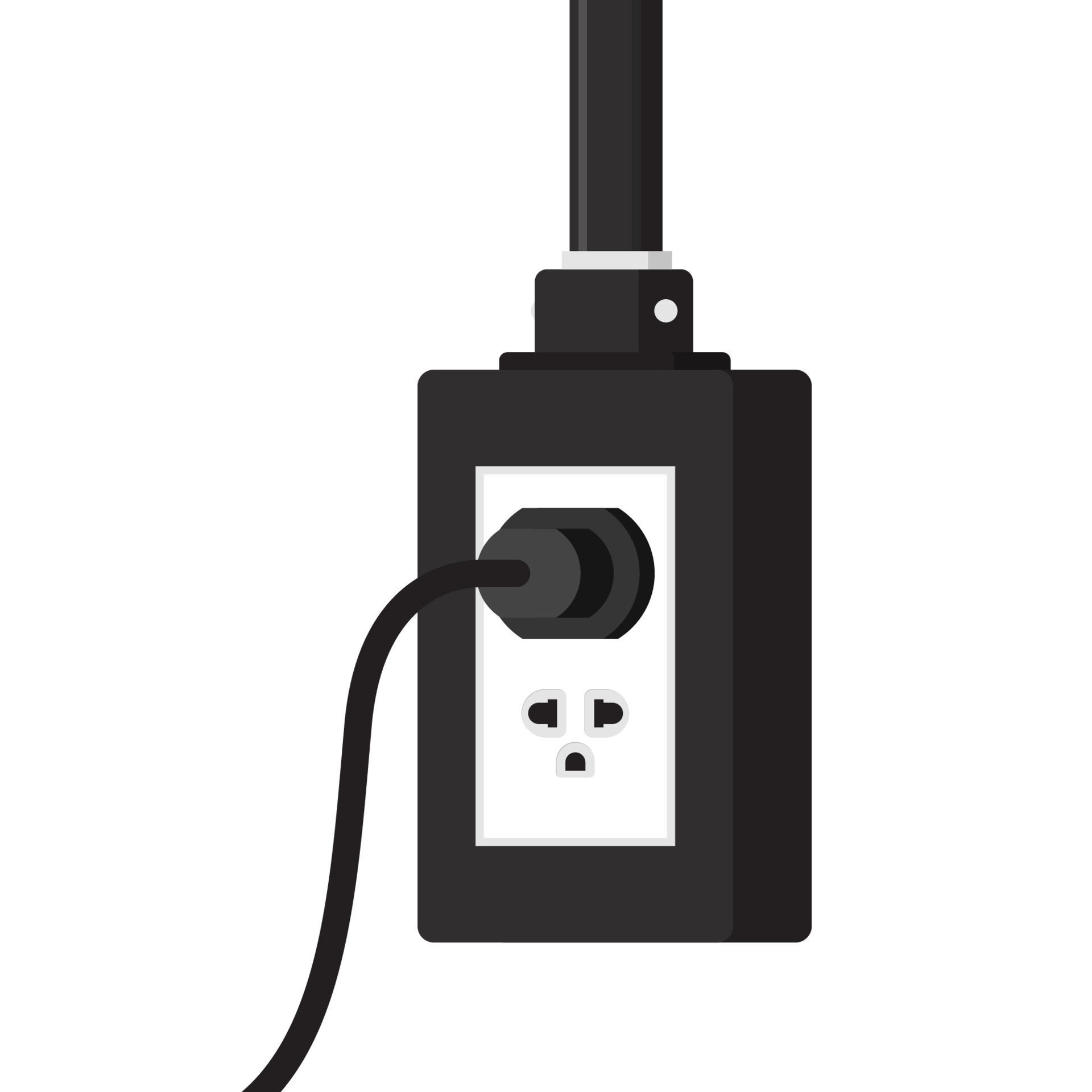Black power cord vector. Black power cord cable plugged into white wall