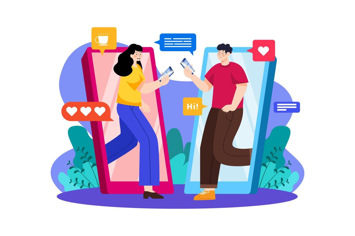 Girl and boy chatting on the app vector